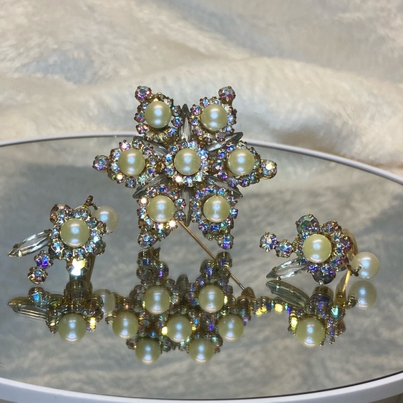 VINTAGE JULIANA D&E AB RHINESTONE FAUX PEARL STAR BROOCH PIN & EARRING SET #786 - Picture 10 of 16